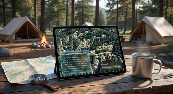 Campground booking interface with AI-powered recommendation and chat features