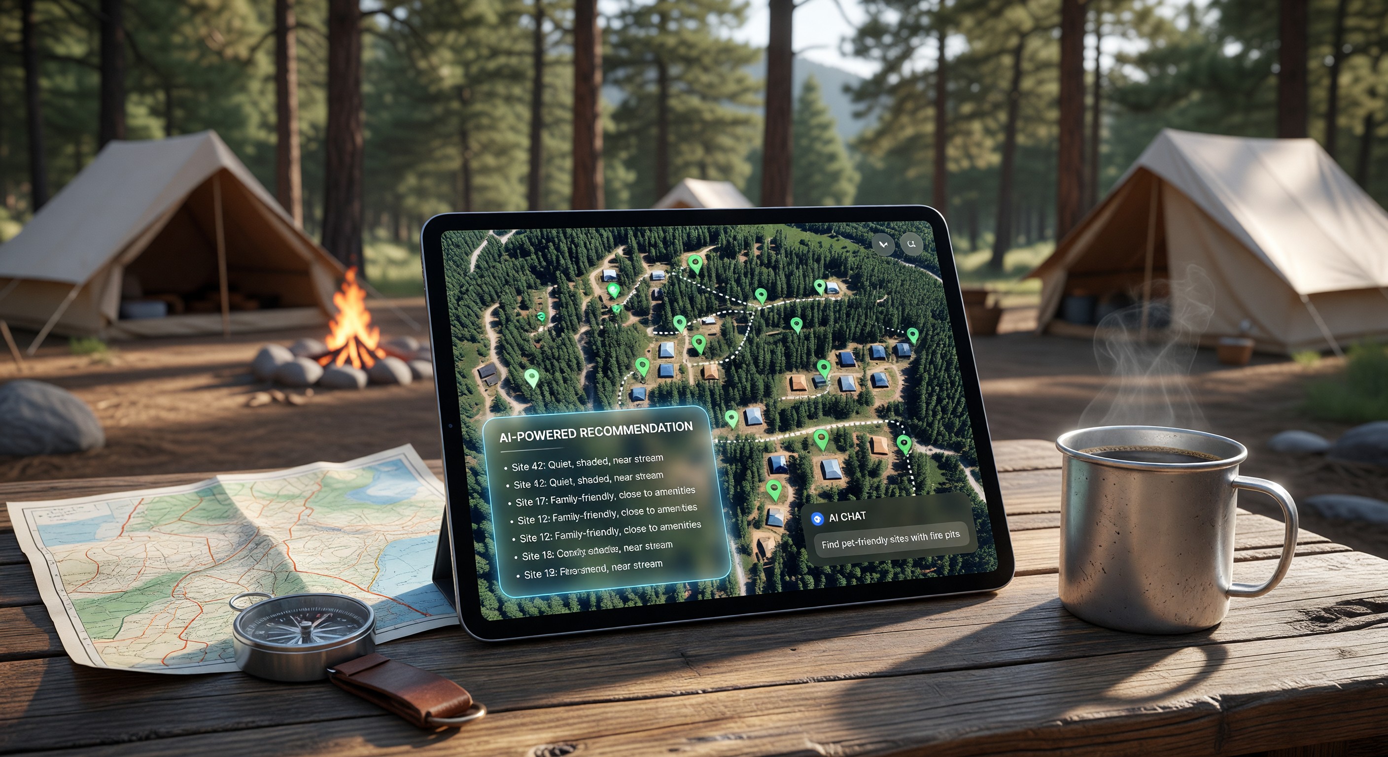 Campground booking interface with AI-powered recommendation and chat features