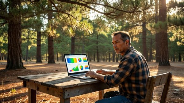 Campground operator reviewing pricing analytics dashboard on laptop at outdoor office