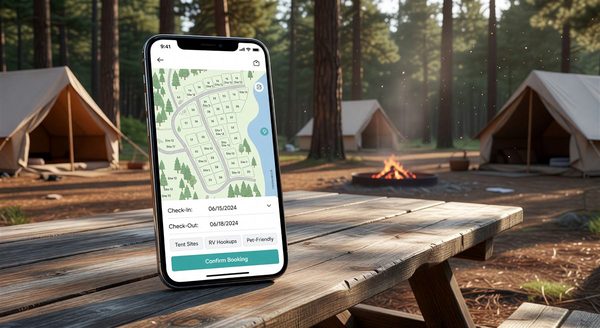 Mobile phone displaying a clean campground booking interface with site map