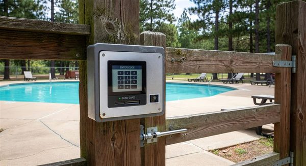 Electronic access control panel at campground pool entrance gate
