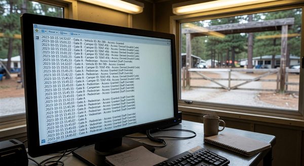 Security access log on a computer screen showing timestamped entry records at campground gate