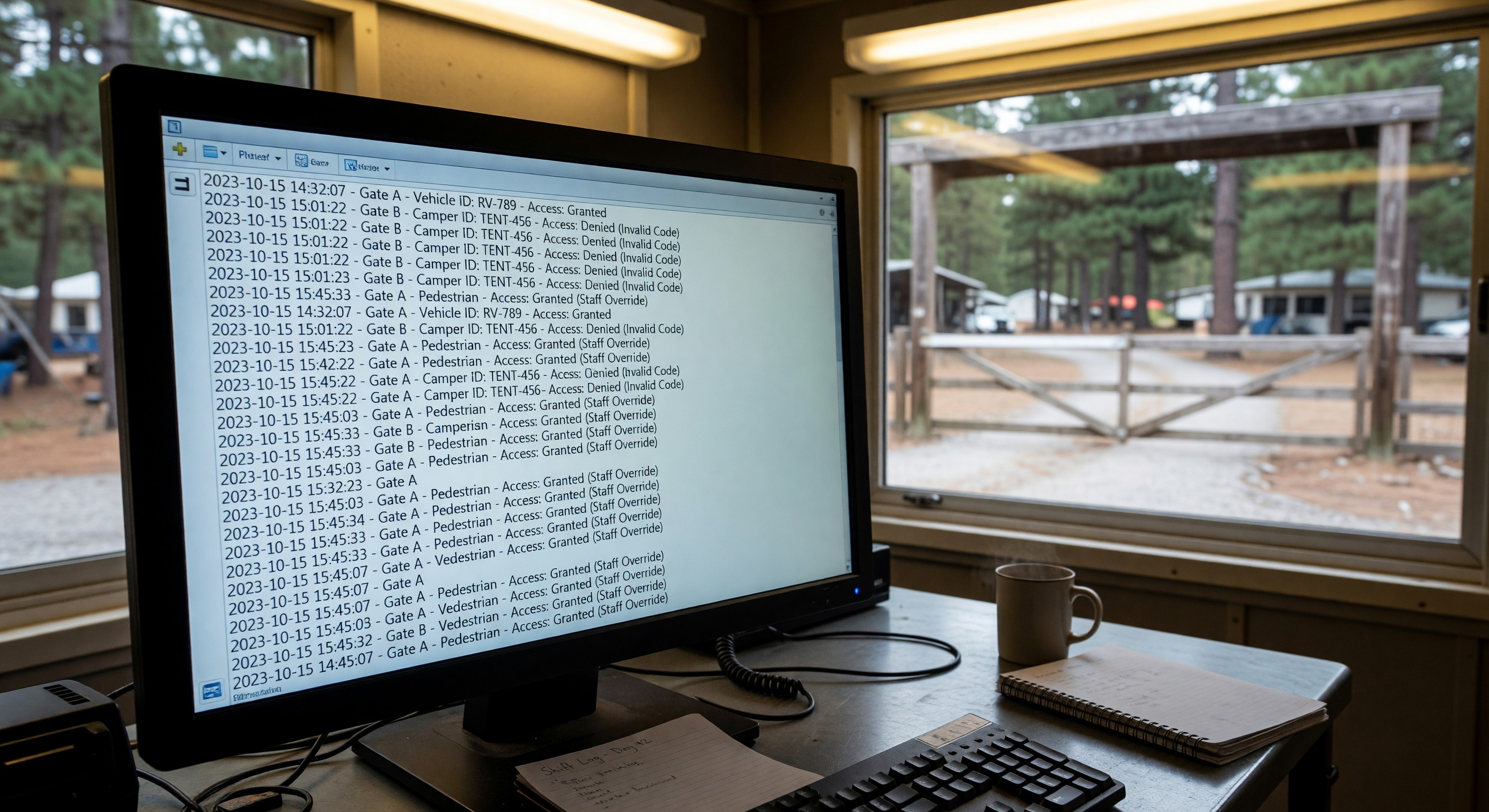 Security access log on a computer screen showing timestamped entry records at campground gate