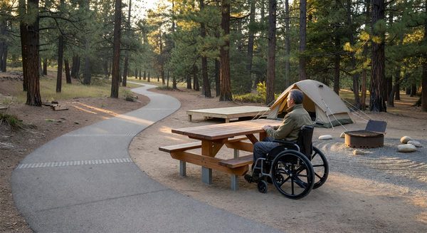 Accessible campsite with paved path and accessible picnic table with a guest using a wheelchair