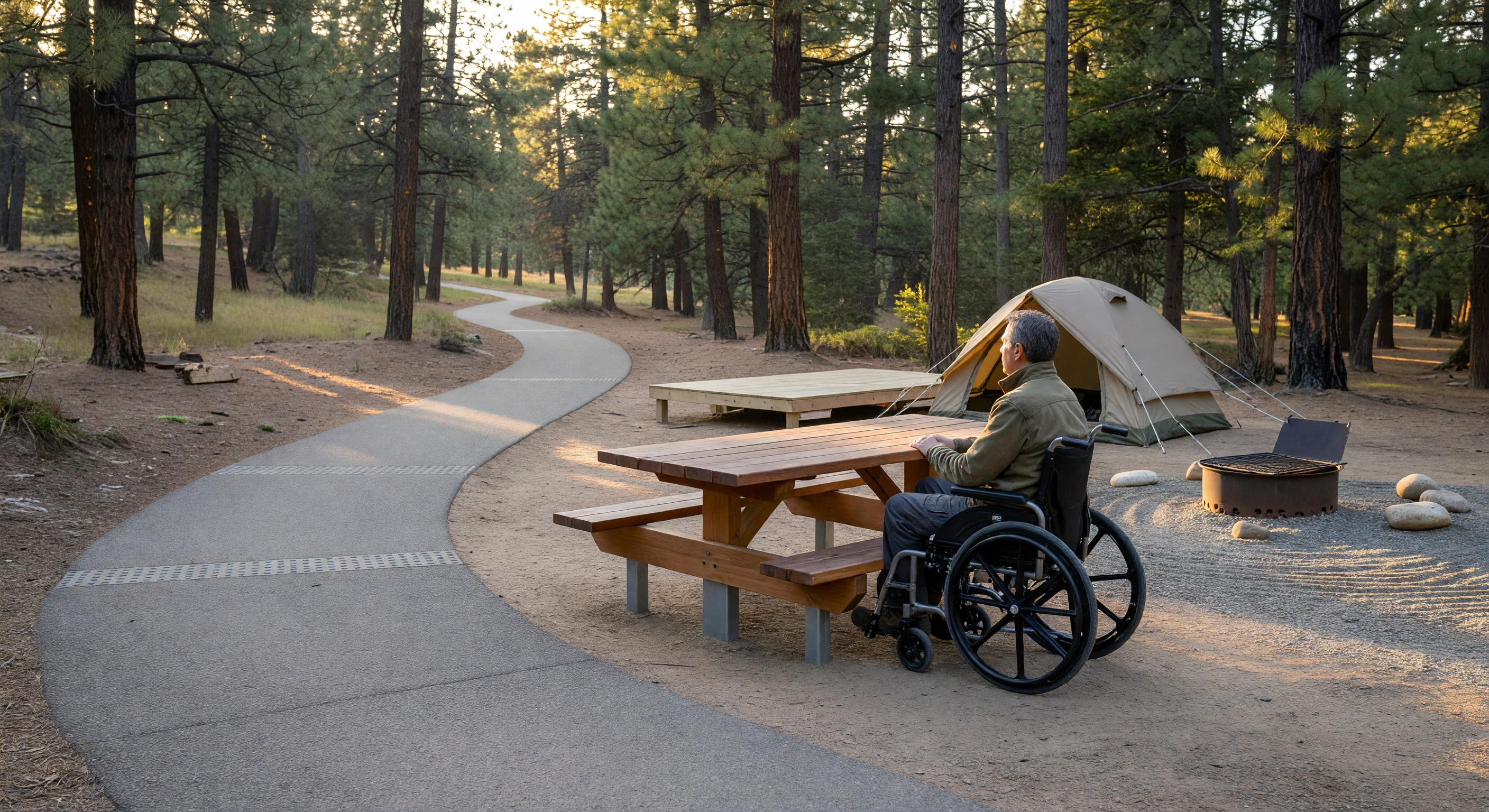 Accessible campsite with paved path and accessible picnic table with a guest using a wheelchair