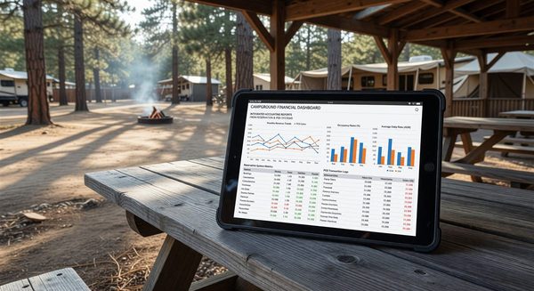 Campground financial dashboard showing integrated accounting reports from reservation and POS systems