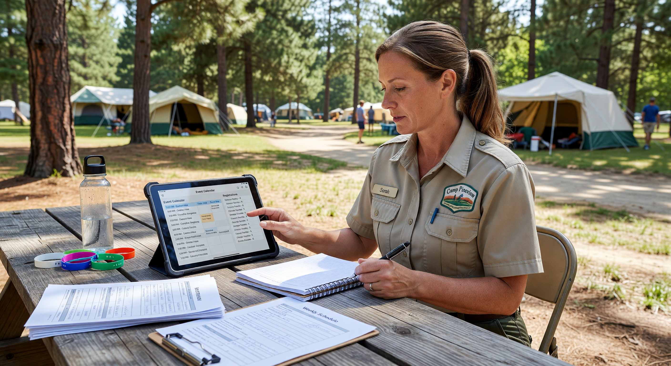 Campground activities coordinator managing digital event calendar and registrations