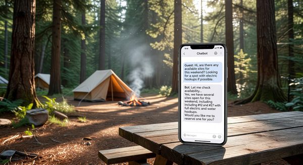 Campground chatbot conversation on a phone screen with guest asking about site availability