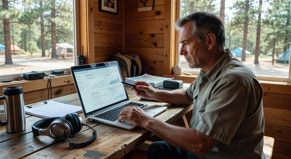 Campground operator using AI assistant tools on laptop for operational tasks