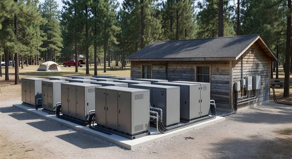 Battery energy storage system installed at a campground utility building