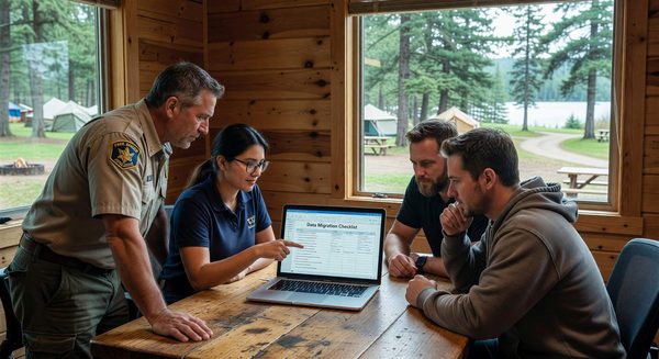 IT team and campground manager reviewing data migration checklist on a laptop in a park office