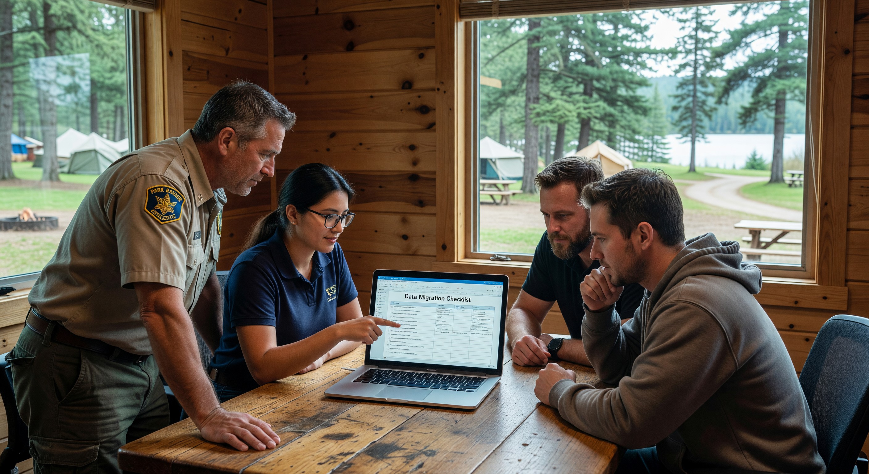 IT team and campground manager reviewing data migration checklist on a laptop in a park office