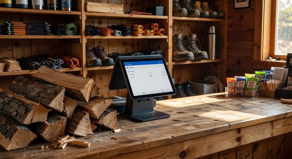 Camp store register with modern POS tablet and firewood and camping supplies in background
