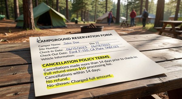 Campground reservation form with cancellation policy terms clearly highlighted