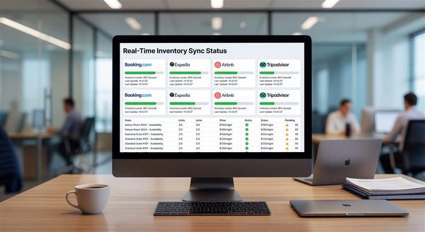 Channel management dashboard showing real-time inventory sync across multiple booking platforms