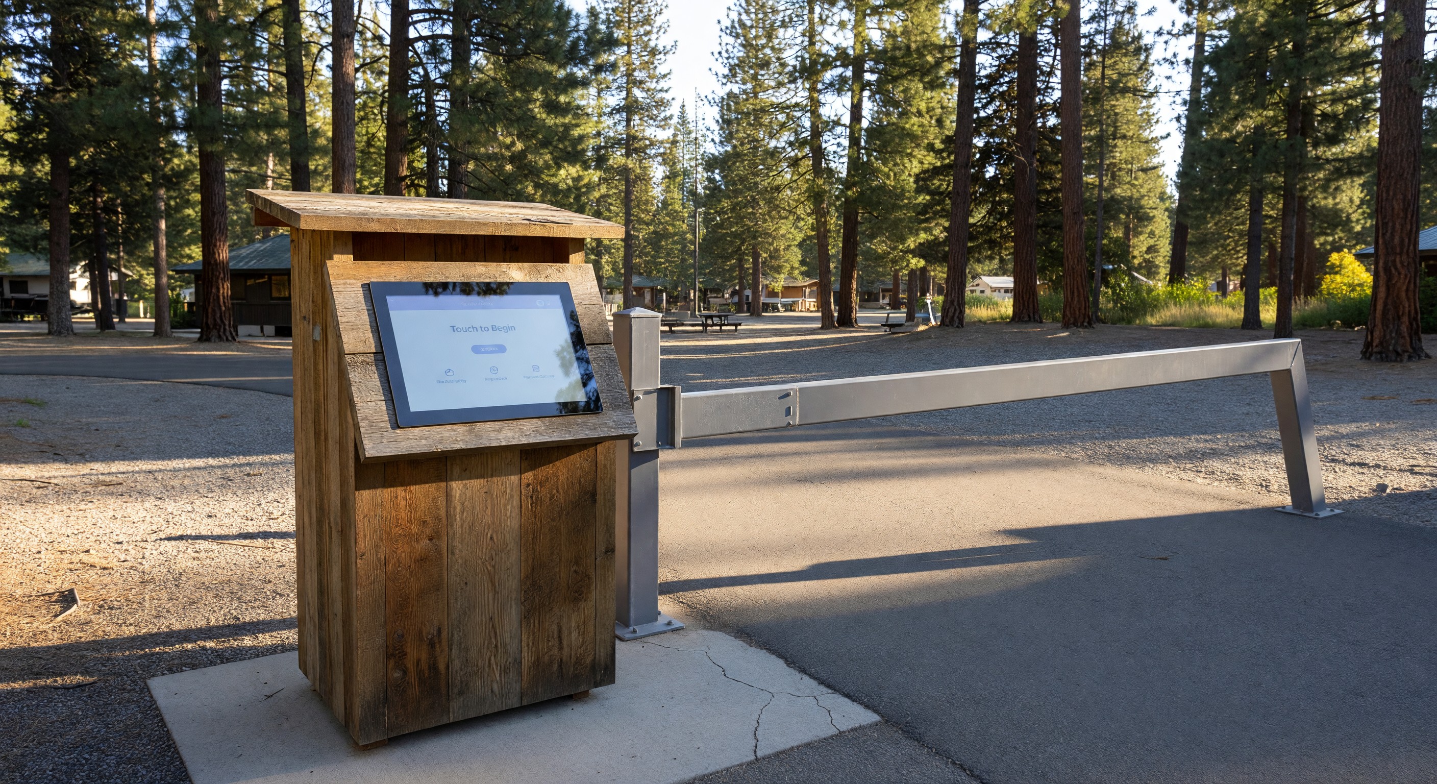 Campground self-check-in kiosk at entrance with digital touchscreen interface