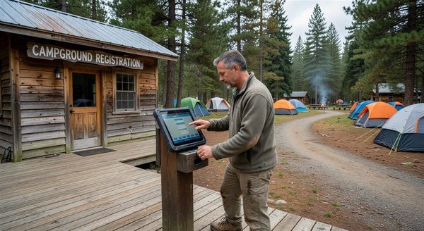 Campground guest using a tablet checkout kiosk at the registration office
