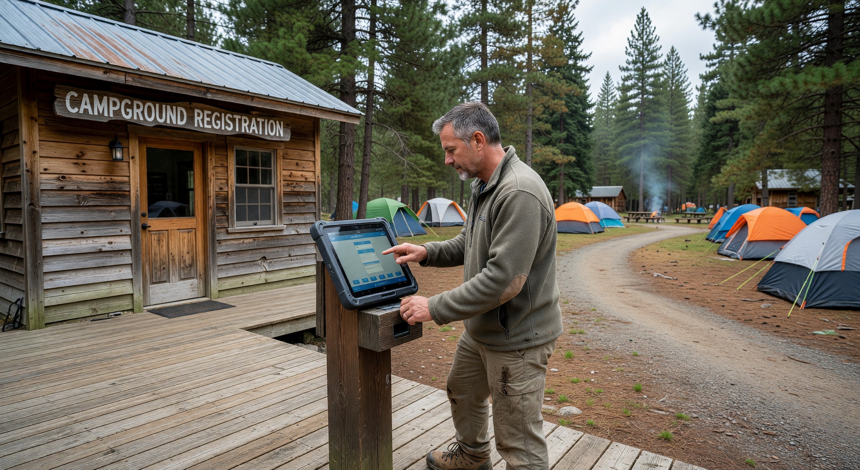 Campground guest using a tablet checkout kiosk at the registration office