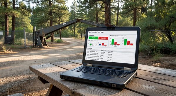 Campground access control management dashboard on laptop showing gate status and entry logs