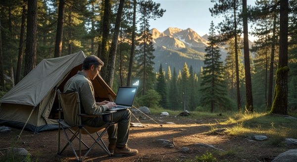 Person working on a laptop at a campsite with a beautiful outdoor setting and WiFi signal indicator
