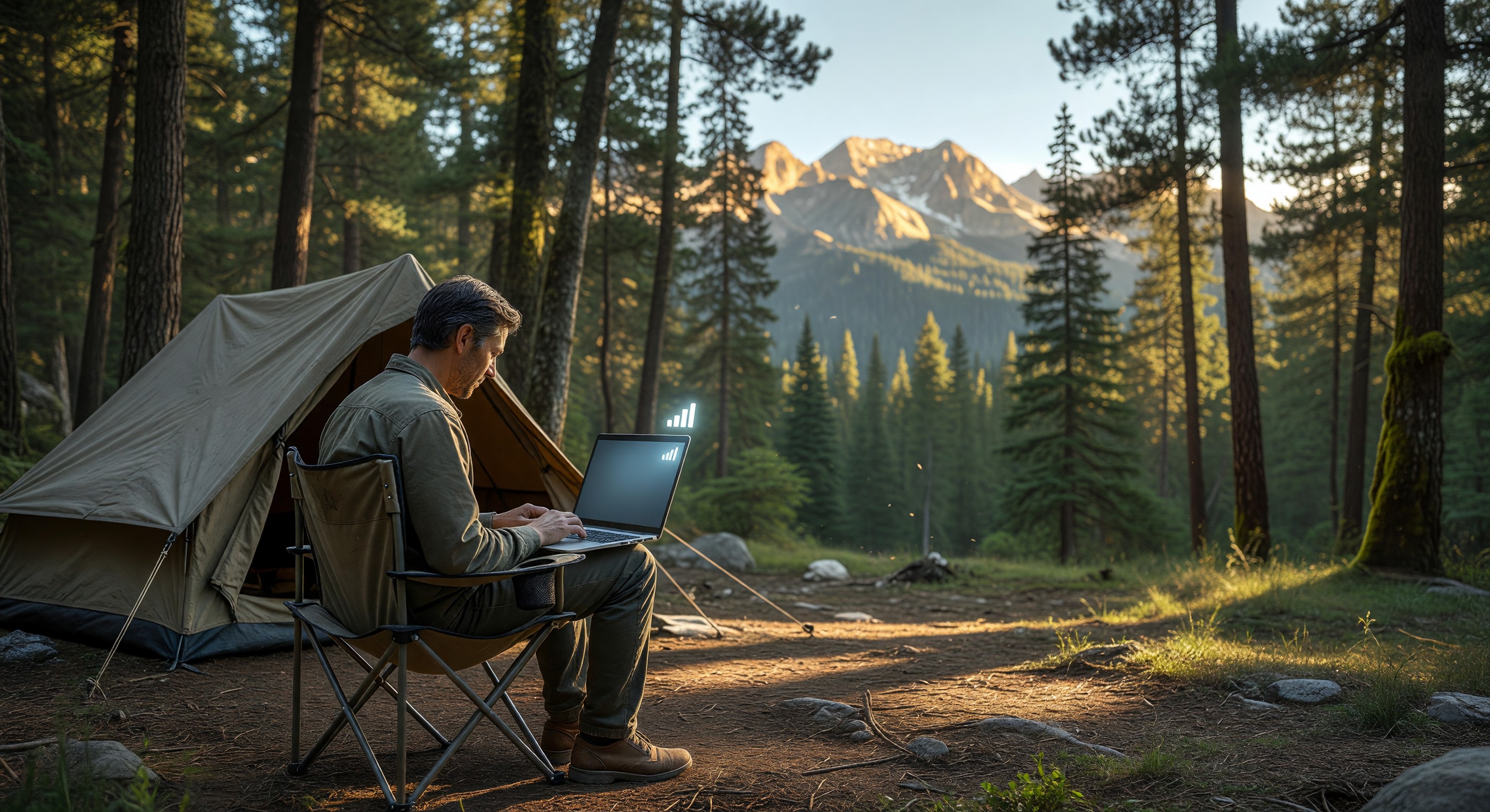 Person working on a laptop at a campsite with a beautiful outdoor setting and WiFi signal indicator