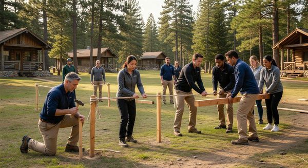 Corporate team doing an outdoor activity at a campground retreat setting