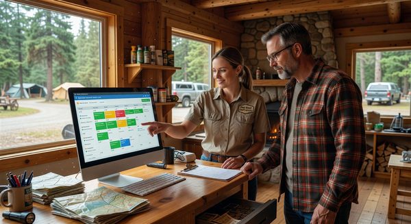 Campground front desk staff assisting guest using reservation management system