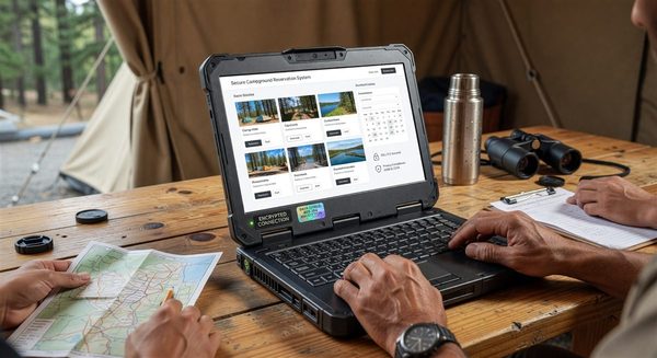 Secure campground reservation system showing data protection indicators
