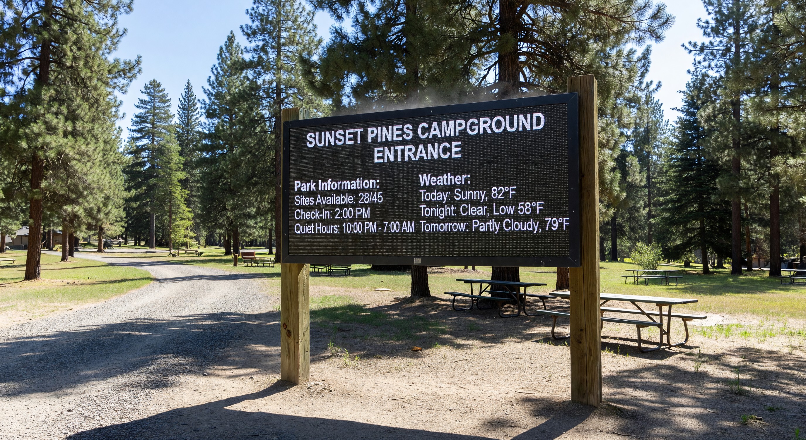 Outdoor digital sign at campground entrance displaying park information and weather