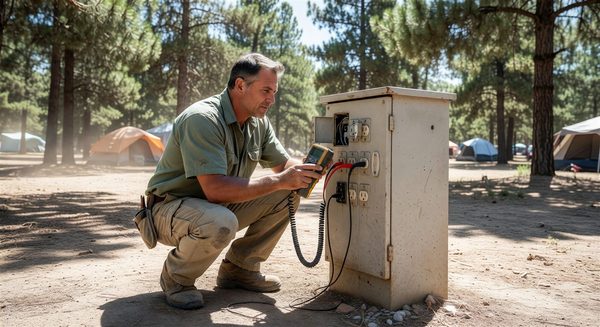 Campground maintenance worker testing electrical pedestal with diagnostic equipment
