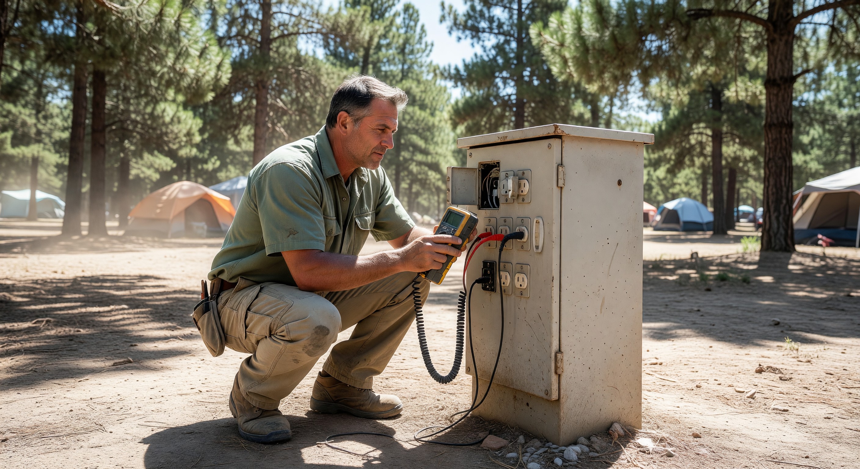 Campground maintenance worker testing electrical pedestal with diagnostic equipment