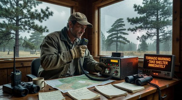 Campground manager using emergency communication system during weather alert