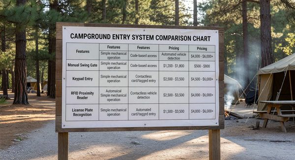 Campground entry system comparison chart showing features and pricing for different gate options
