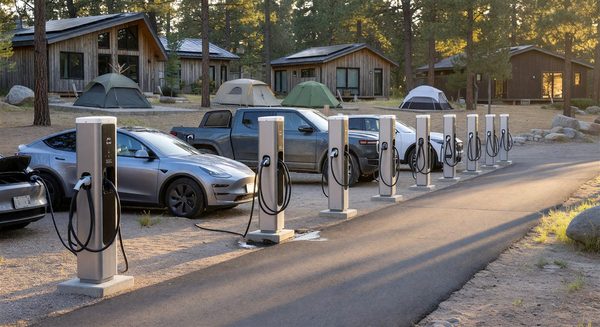 Row of EV charging pedestals at a modern campground with multiple electric vehicles charging