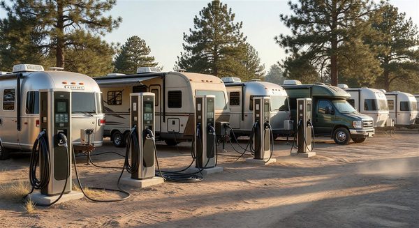 EV charging stations at a campground with RVs parked alongside
