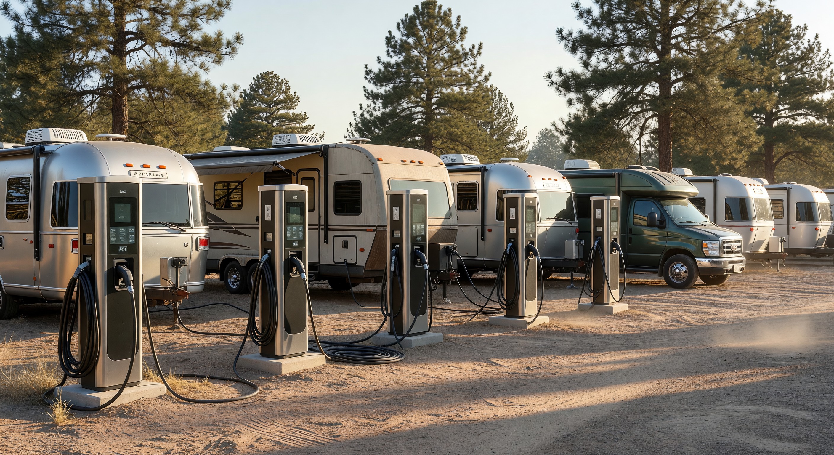 EV charging stations at a campground with RVs parked alongside