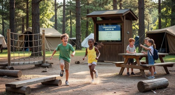Children playing at a campground activity area with a digital check-in kiosk visible in background