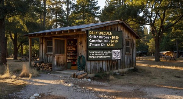 Campground camp store with digital menu board and online ordering option visible