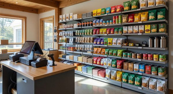 Campground camp store with modern POS system and organized food and merchandise display
