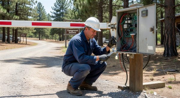 Technician performing maintenance on a campground barrier gate arm and control cabinet