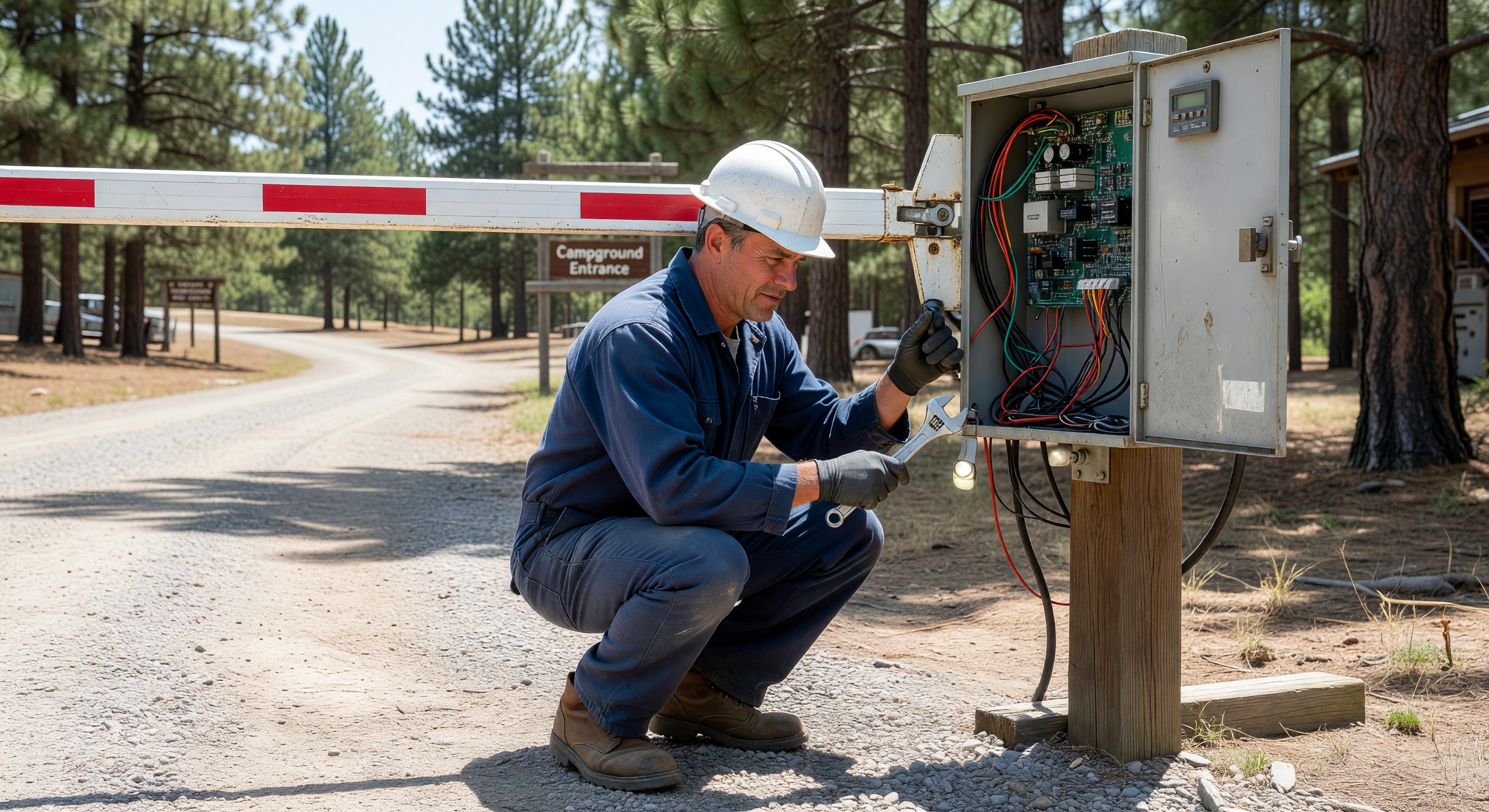 Technician performing maintenance on a campground barrier gate arm and control cabinet