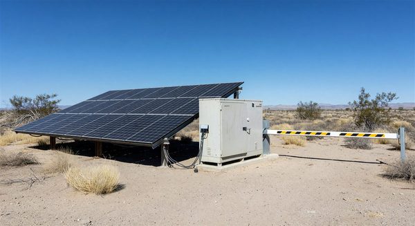 Solar panel array and battery cabinet powering a remote campground gate installation