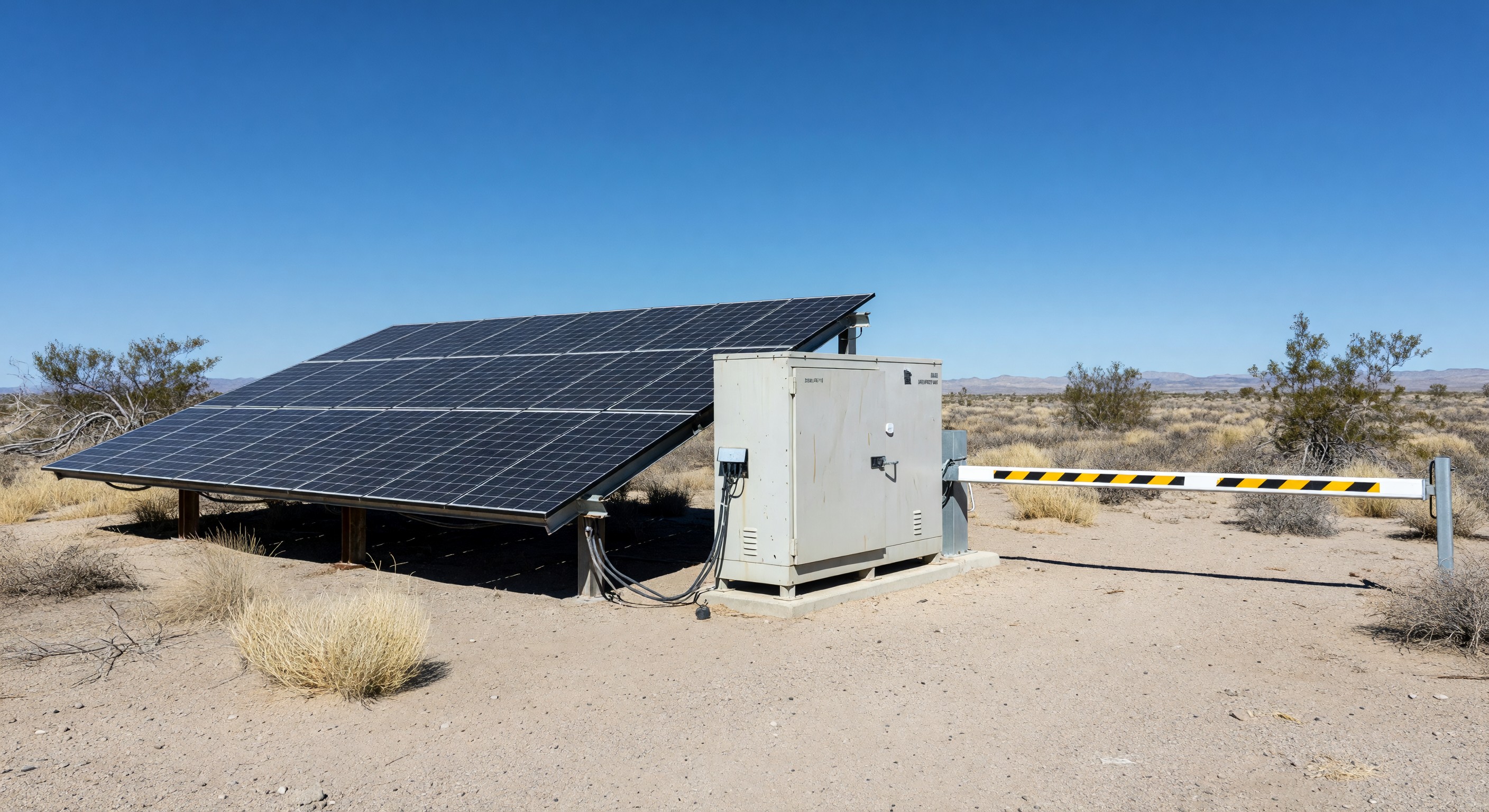 Solar panel array and battery cabinet powering a remote campground gate installation