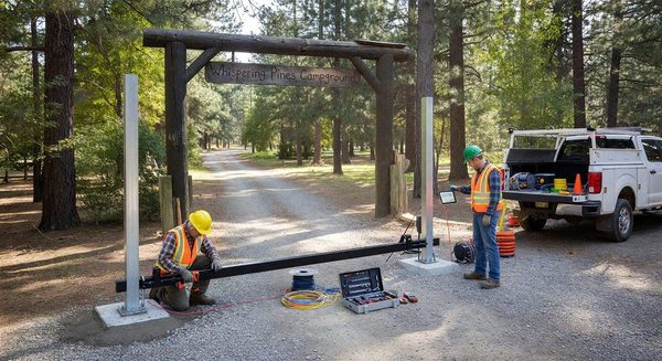 Campground entrance with new automated gate system being installed