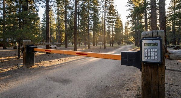 Automated barrier gate at a campground entrance with a code keypad mounted on a post