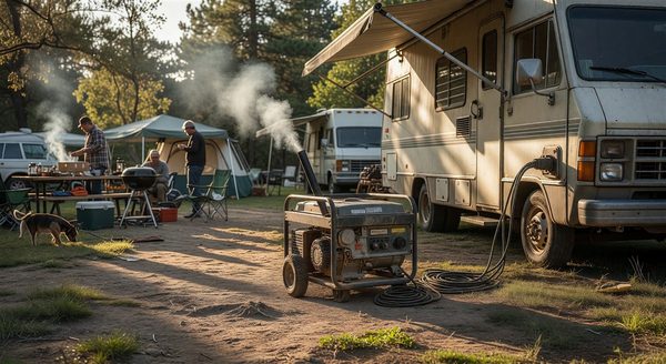 RV generator running at a campsite with neighbors visible in background