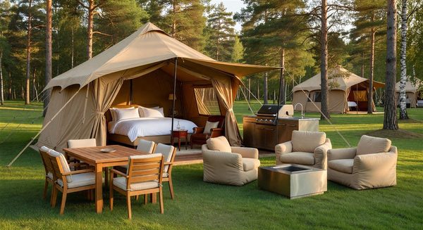 Luxury glamping tent at a campground with well-maintained outdoor furniture and amenities