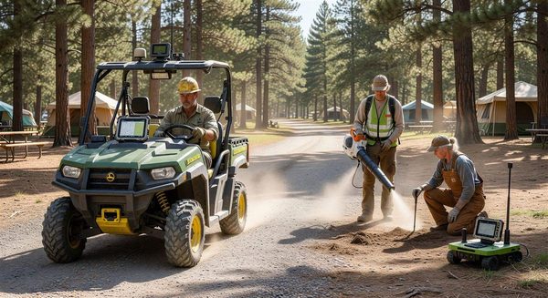 Campground grounds crew using GPS-tracked maintenance equipment for efficient site maintenance