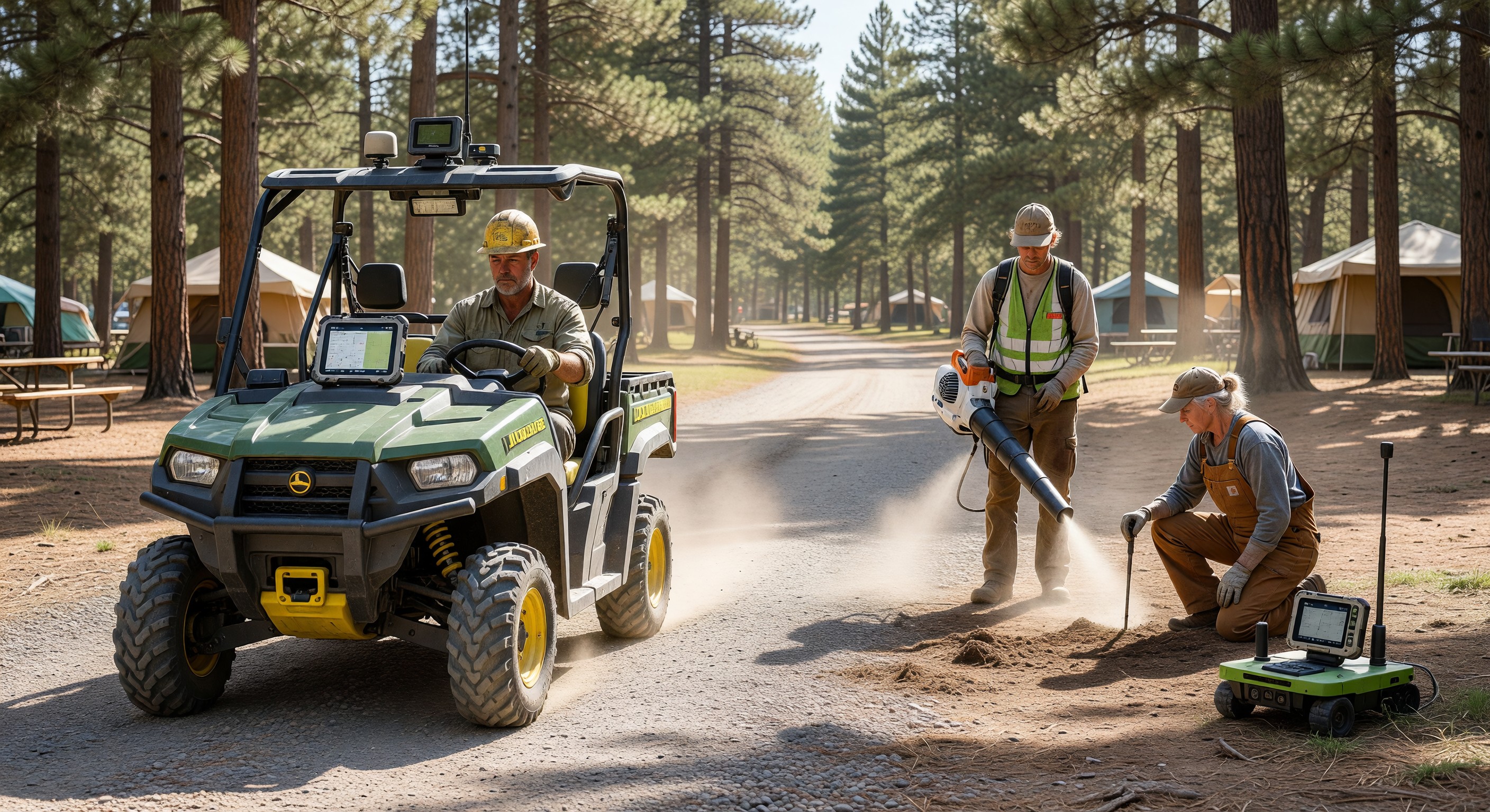 Campground grounds crew using GPS-tracked maintenance equipment for efficient site maintenance