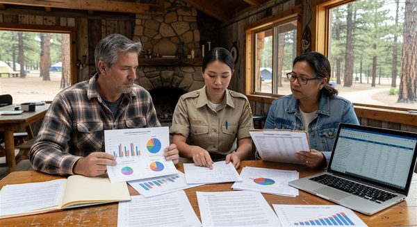 Campground management team reviewing guest satisfaction survey data and feedback reports